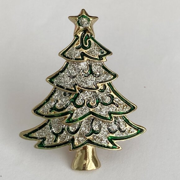 Vintage Christmas Tree Brooch Pin Green Enamel Glitter Gold Tone Plated - Picture 3 of 13
